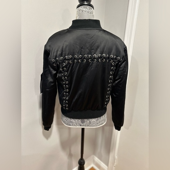SEEK THE LABEL Jackets & Blazers - Women’s Seek Sz: S black satin bomber jacket corset-style lace-up back.